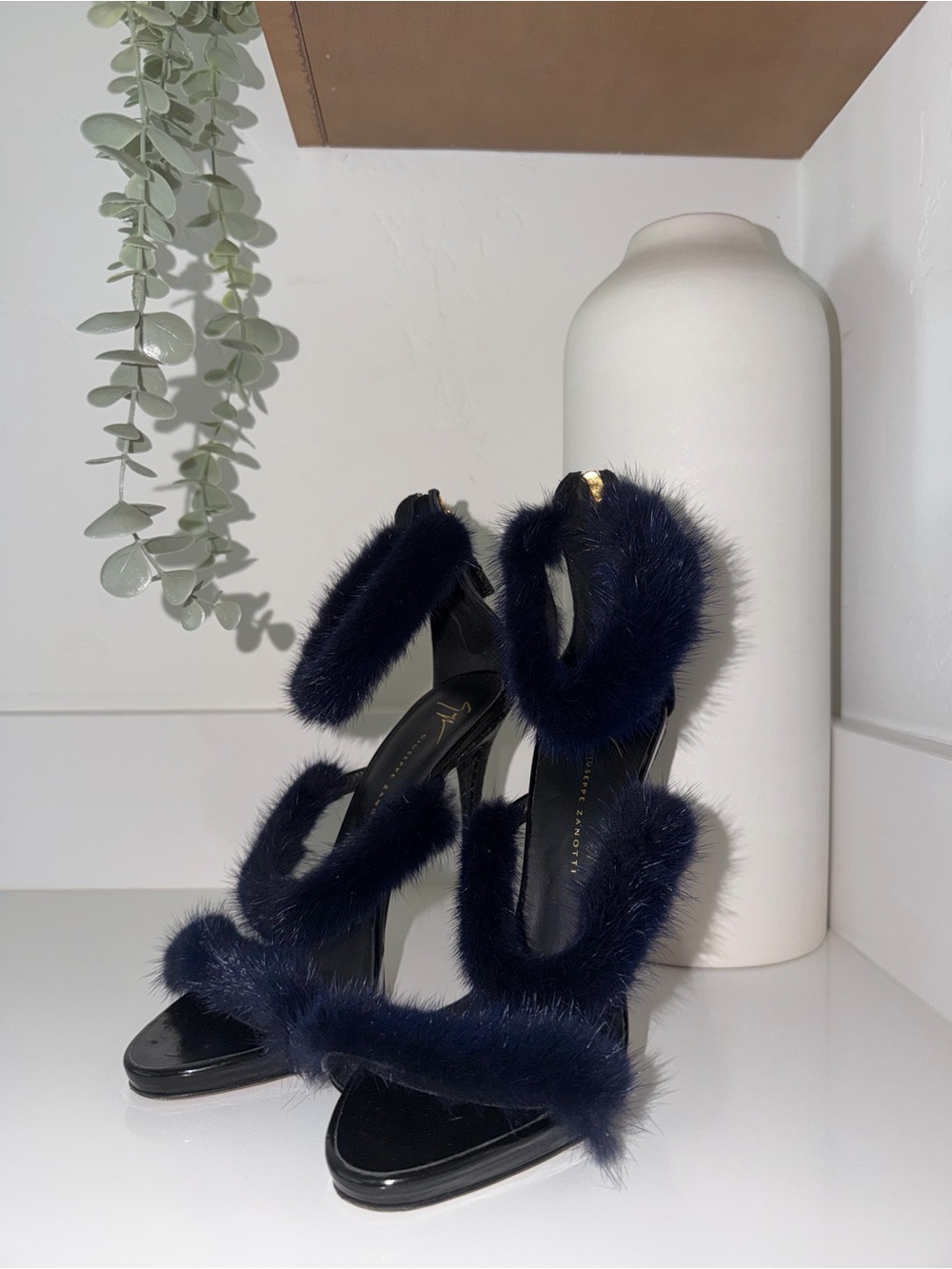 Giuseppe Zanotti Navy Mink fur Strappy High Heels - Women - Picture 3 of 5
